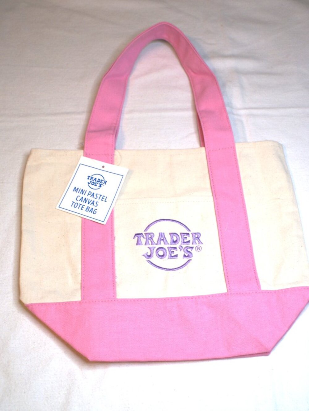 Trader Joe's Mini Pastel Canvas Tote Bag Pretty Pink Straps with Purple Logo